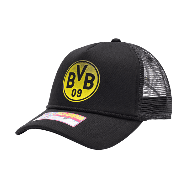 Borussia Dortmund Atmosphere Trucker with mid crown, curved peak brim, mesh back, and snapback closure, in Black