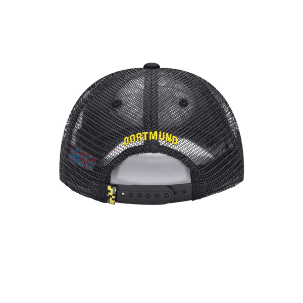 Borussia Dortmund Atmosphere Trucker with mid crown, curved peak brim, mesh back, and snapback closure, in Black
