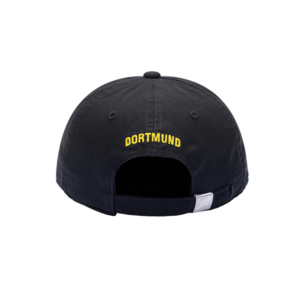 Back view of Borussia Dortmund Bambo Classic hat with low unstructured crown, curved peak brim, and buckle closure, in black.