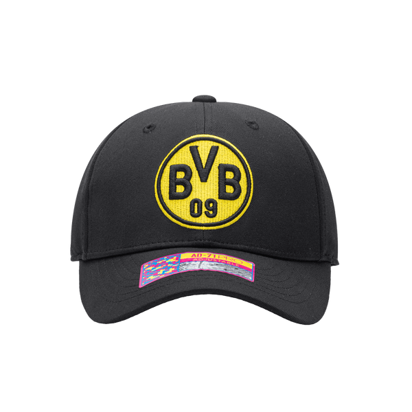 Front view of the Borussia Dortmund Standard Adjustable hat with mid constructured crown, curved peak brim, and slider buckle closure, in Black.