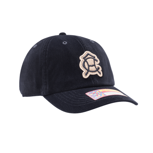 Club America Princeton Classic Hat in soft fine wale corduroy construction, unstructured low crown, curved peak brim, adjustable flip buckle closure, front embroidered wool backed applique patch with merrowed edges, back embroidered club name, in navy.