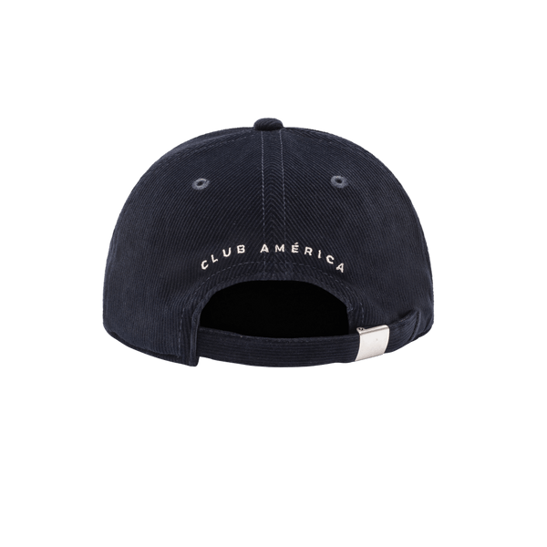 Club America Princeton Classic Hat in soft fine wale corduroy construction, unstructured low crown, curved peak brim, adjustable flip buckle closure, front embroidered wool backed applique patch with merrowed edges, back embroidered club name, in navy.