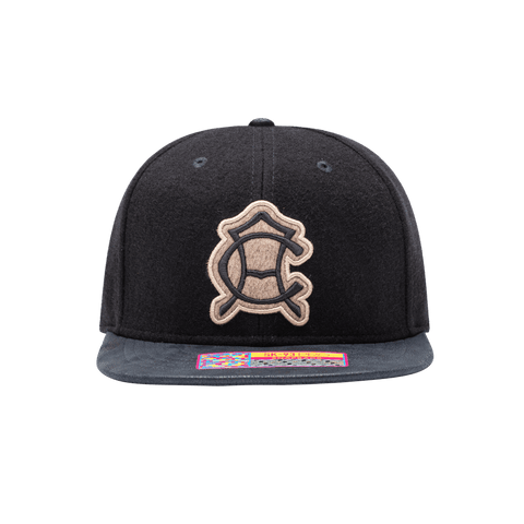 Club America Prep Snapback Hat with structured high 6-panel crown in melton wool, flat peak PU leather brim, front embroidered wool backed applique patch with merrowed edges, back embroidered club name, in navy.