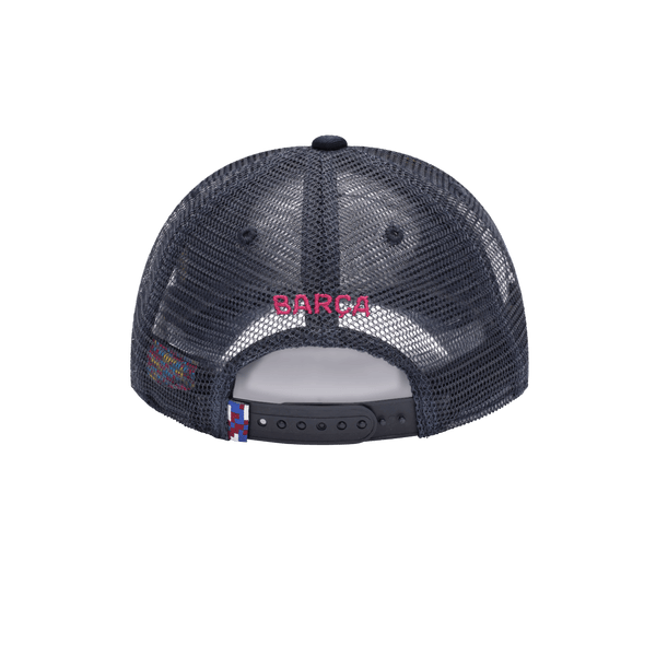 FC Barcelona Atmosphere Trucker with mid crown, curved peak brim, mesh back, and snapback closure, in Navy