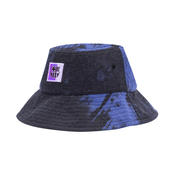 FC Barcelona Express Bucket Hat with flat top crown, and iridescent club logo patch on crown, in Black/Blue