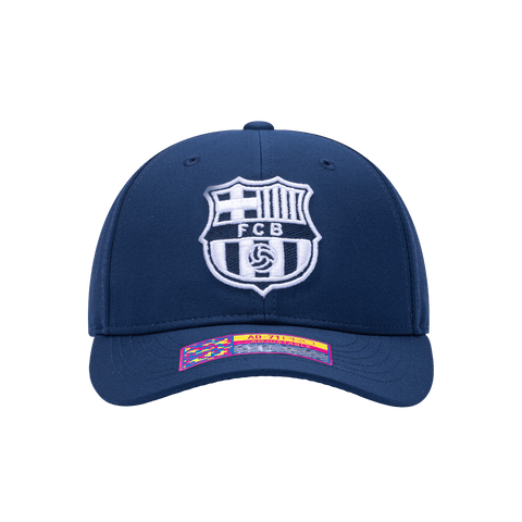 Front view of the FC Barcelona Hit Adjustable hat with mid constructured crown, curved peak brim, and slider buckle closure, in Navy.