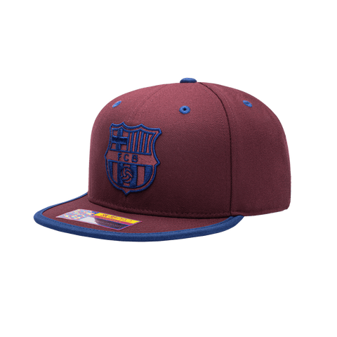 FC Barcelona Tape Snapback with high crown, flat peak brim, and snapback closure, in Cardinal