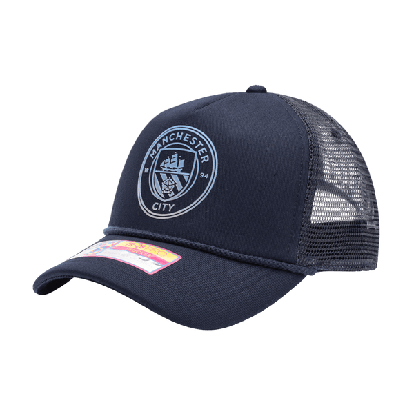 Manchester City Atmosphere Trucker with mid crown, curved peak brim, mesh back, and snapback closure, in Navy