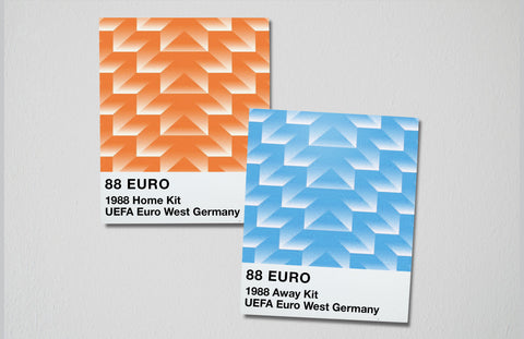 Colour cards of KNVB’s Home and Away kits for the 1988 UEFA Euros. Orange geometric patterned Home kit shown on left, blue geometric patterned Away kit shown on right.