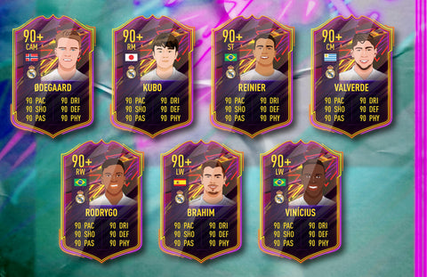Seven video game cards of top prospects for Real Madrid. Cards are black with a pink and yellow trim, on a turquoise and pink blend background. Players are Odegaard, Kubo, Reiner, Valverde, Rodrygo, Brahim, and Vinicius.