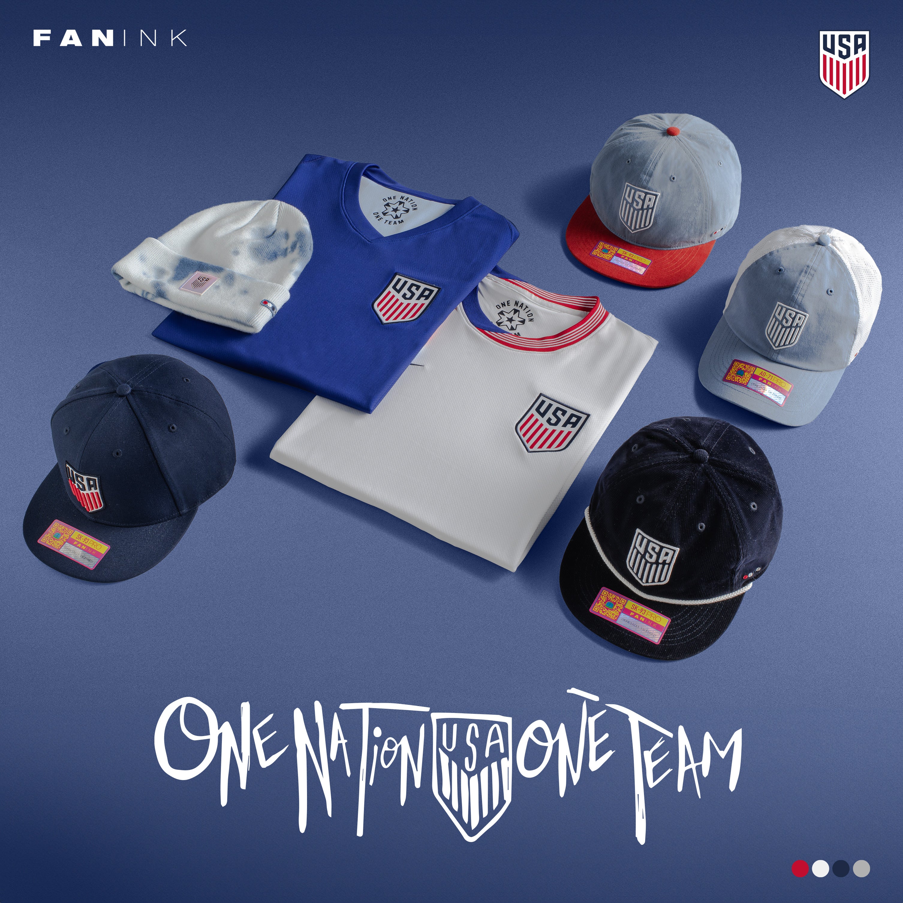 A Collection of hats and USA Jerseys and the tagline One Nation USA One Team written at the bottom