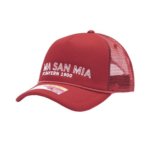 Bayern Munich Pride Trucker with mid crown, curved peak brim, mesh back, and snapback closure, in Red