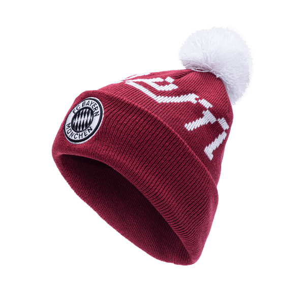 Bayern Munich Pixel Neon Beanie with embroidered club logo on ribbed ruff, club name knitted in hat body, and pom detailing, in Burgundy.