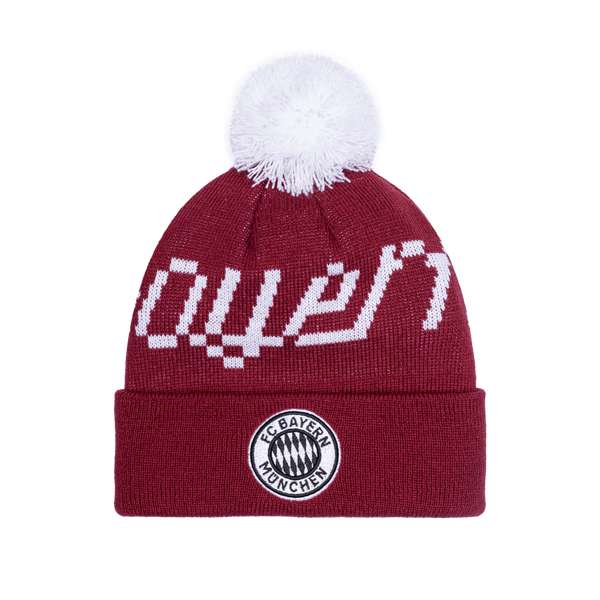 Bayern Munich Pixel Neon Beanie with embroidered club logo on ribbed ruff, club name knitted in hat body, and pom detailing, in Burgundy.