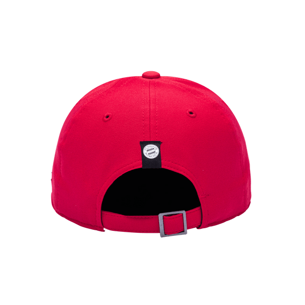 Back view of the Bayern Munich Standard Adjustable hat with mid constructured crown, curved peak brim, and slider buckle closure, in Red.