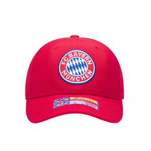 Front view of the Bayern Munich Standard Adjustable hat with mid constructured crown, curved peak brim, and slider buckle closure, in Red.