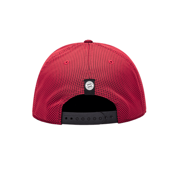 Back view of the Bayern Munich Trophy Snapback with high structured crown, flat peak brim, snap closure at back, in red