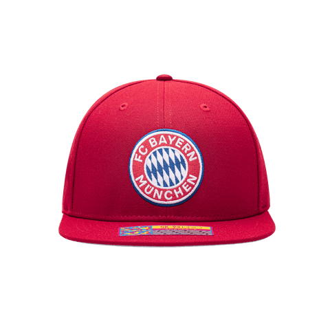 Front view of the Bayern Munich Dawn Snapback with high crown, flat peak brim, adjustable closure, in red
