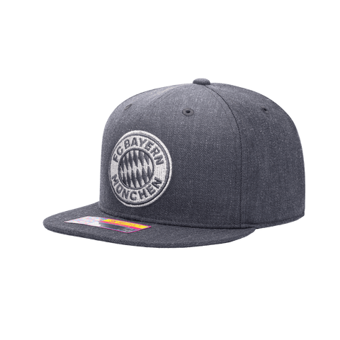 Side view of the Bayern Munich Platinum Snapback with high crown, flat peak, and snapback closure, in grey