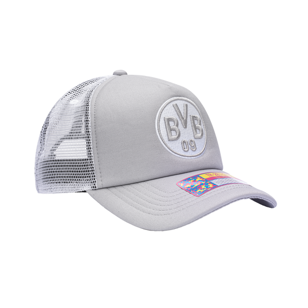 Side view of the Borussia Dortmund Fog Trucker Hat in Grey/White, with high crown, curved peak, mesh back and snapback closure.