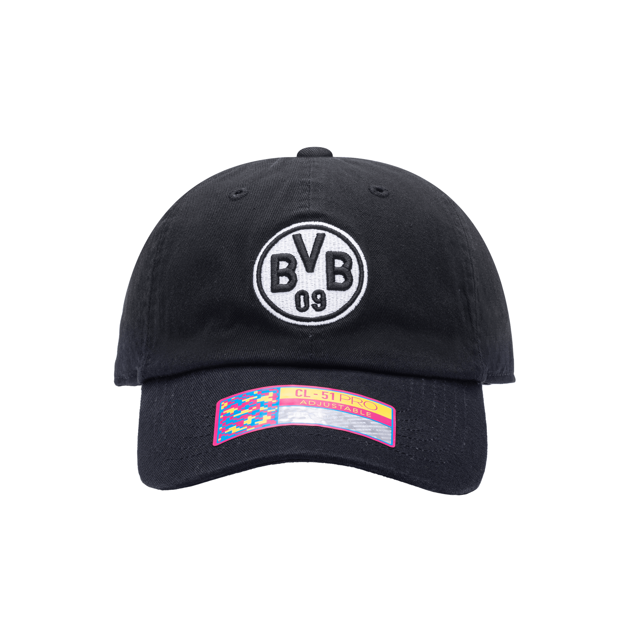 Front view of the Borussia Dortmund Hit Classic hat with low unstructured crown, curved peak brim, and buckle closure, in black.