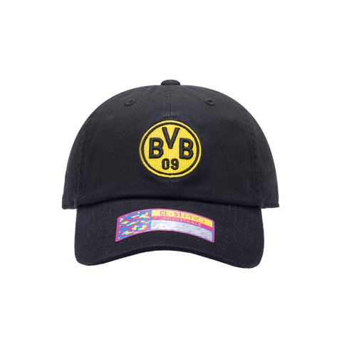 Front view of Borussia Dortmund Bambo Classic hat with low unstructured crown, curved peak brim, and buckle closure, in black.