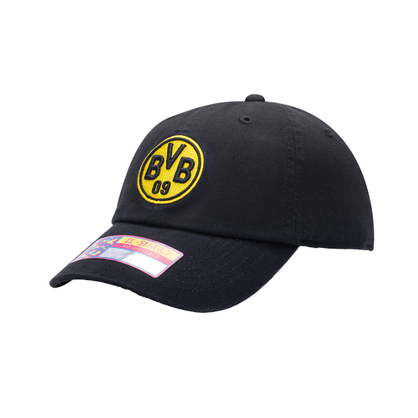 Side view of Borussia Dortmund Bambo Classic hat with low unstructured crown, curved peak brim, and buckle closure, in black.