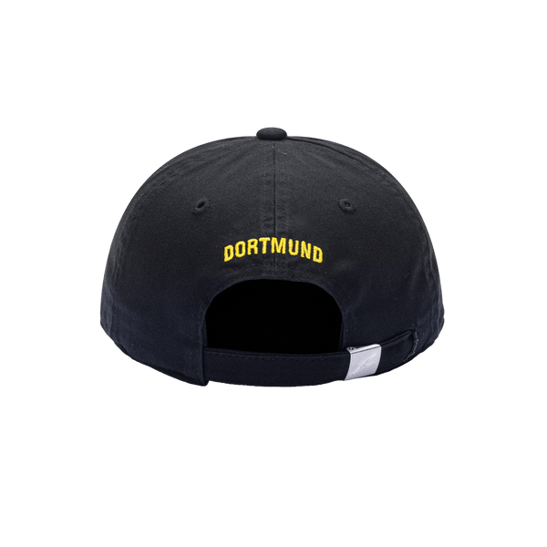 Back view of Borussia Dortmund Bambo Classic hat with low unstructured crown, curved peak brim, and buckle closure, in black.