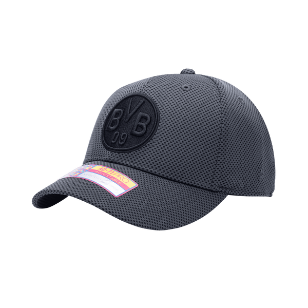 Side view of the Borussia Dortmund Trophy Adjustable hat with mid constructured crown, curved peak brim, and slider buckle closure, in Dark Grey.