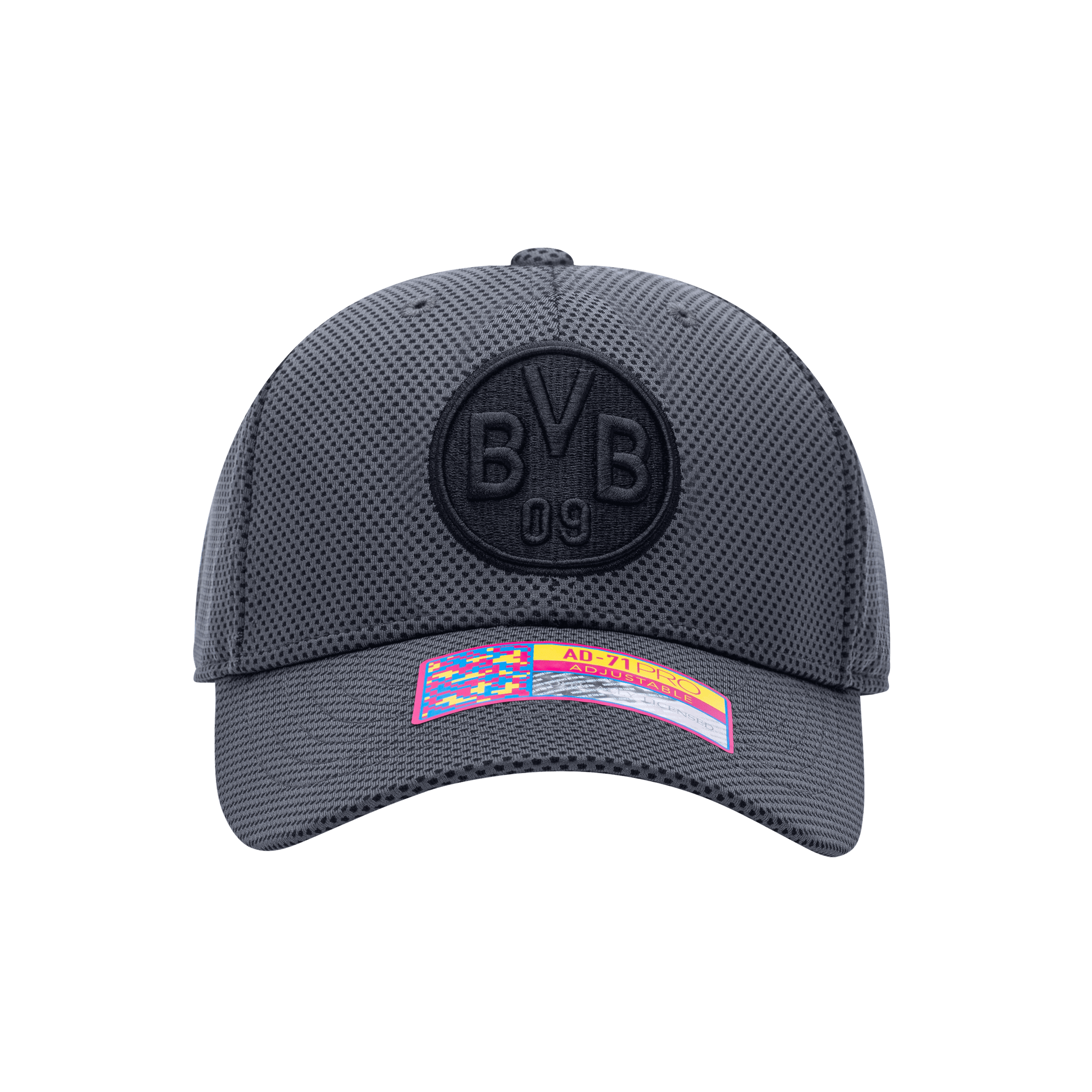 Front view of the Borussia Dortmund Trophy Adjustable hat with mid constructured crown, curved peak brim, and slider buckle closure, in Dark Grey.