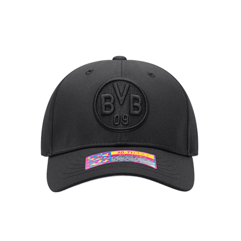 Front view of the Borussia Dortmund Dusk Adjustable hat with mid constructured crown, curved peak brim, and slider buckle closure, in Black.