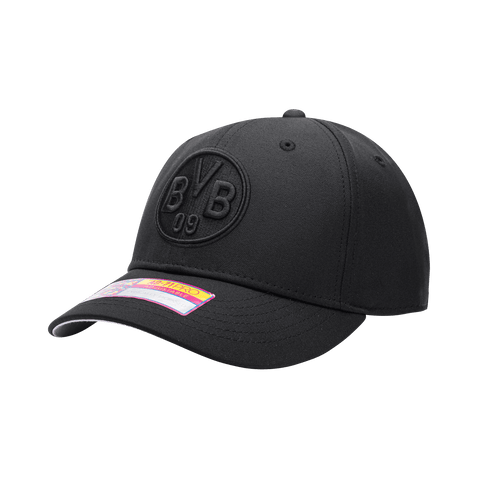 Side view of the Borussia Dortmund Dusk Adjustable hat with mid constructured crown, curved peak brim, and slider buckle closure, in Black.