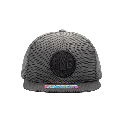 Front view of the Borussia Dortmund Trophy Snapback with high crown, flat peak, and snapback closure, in Dk Grey