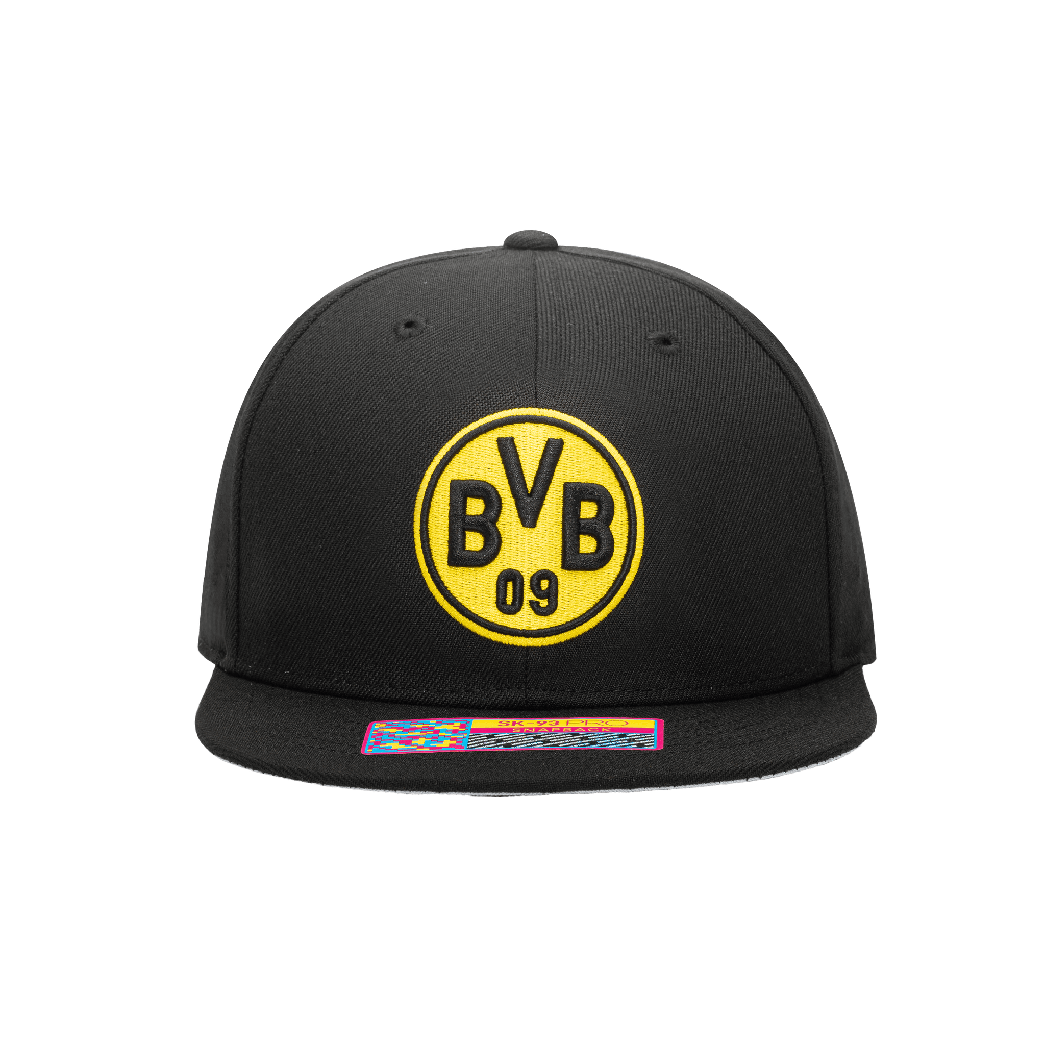 Front view of the Borussia Dortmund Dawn Snapback with high crown, flat peak, and snapback closure, in Black