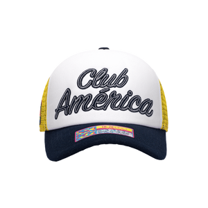 Blue Yellow White Club America Script Stop Trucker with Blue bill blue button and yellow back panels