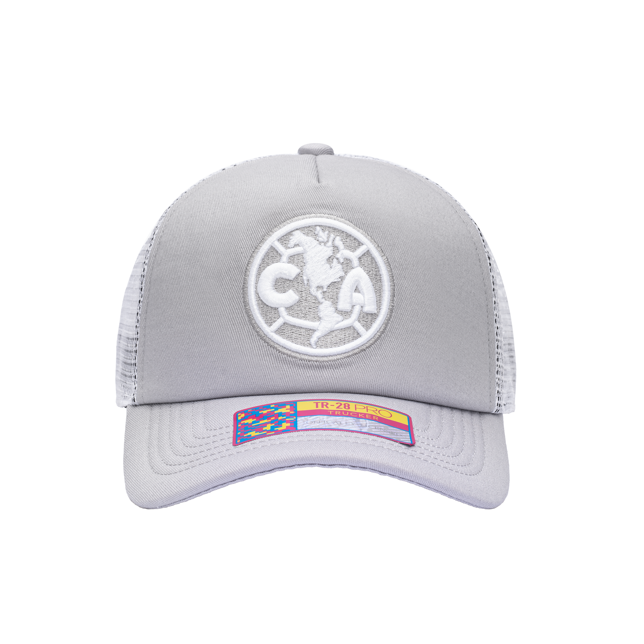 Front view of the Club America Fog Trucker Hat in Grey/White, with high crown, curved peak, mesh back and snapback closure.