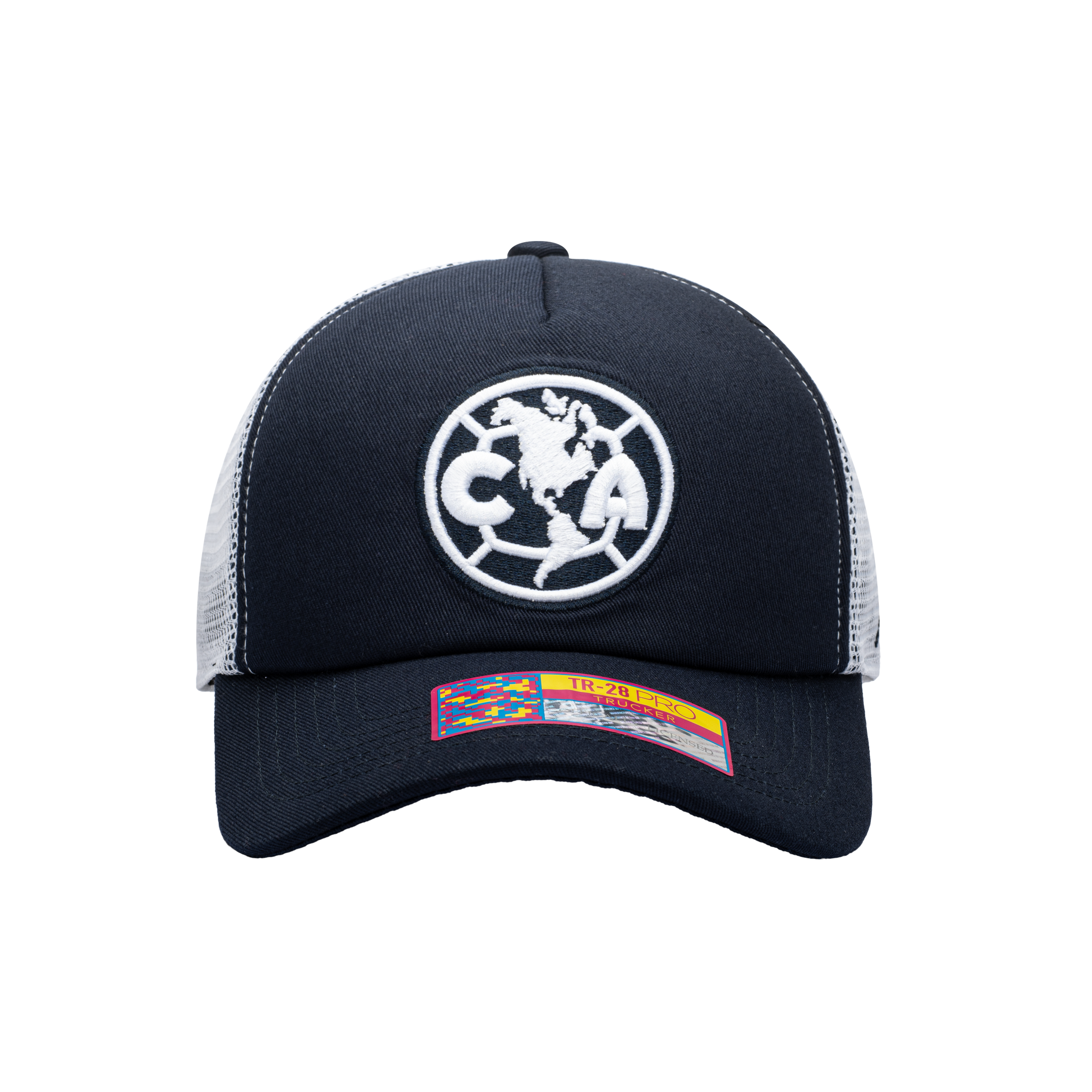 Front view of the Club America Fog Trucker Hat in Navy/White, with high crown, curved peak, mesh back and snapback closure.