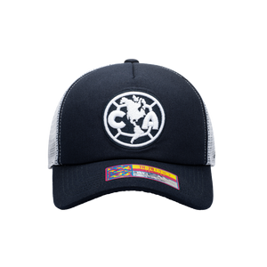 Front view of the Club America Fog Trucker Hat in Navy/White, with high crown, curved peak, mesh back and snapback closure.