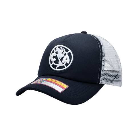 Side view of the Club America Fog Trucker Hat in Navy/White, with high crown, curved peak, mesh back and snapback closure.