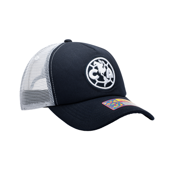 Side view of the Club America Fog Trucker Hat in Navy/White, with high crown, curved peak, mesh back and snapback closure.