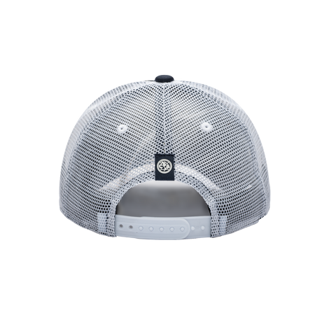 Back view of the Club America Fog Trucker Hat in Navy/White, with high crown, curved peak, mesh back and snapback closure.