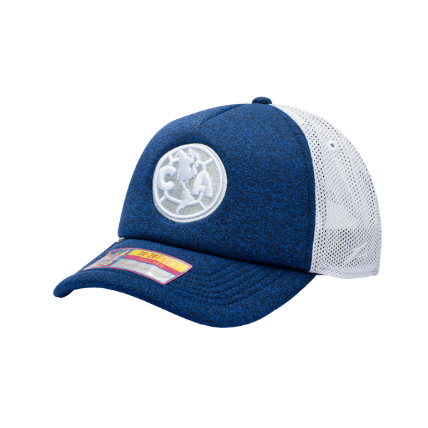 Side view of the Club America Dribbling Trucker Hat in Navy/White, with high crown, curved peak, mesh back and snapback closure.