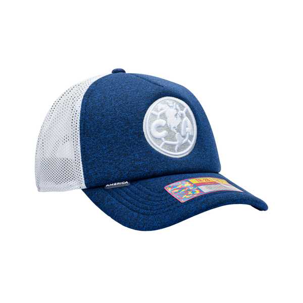 Side view of the Club America Dribbling Trucker Hat in Navy/White, with high crown, curved peak, mesh back and snapback closure.