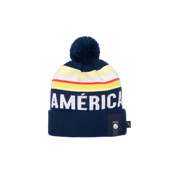 Blue yellow white and red Club America Proud Beanie with blue pom pom