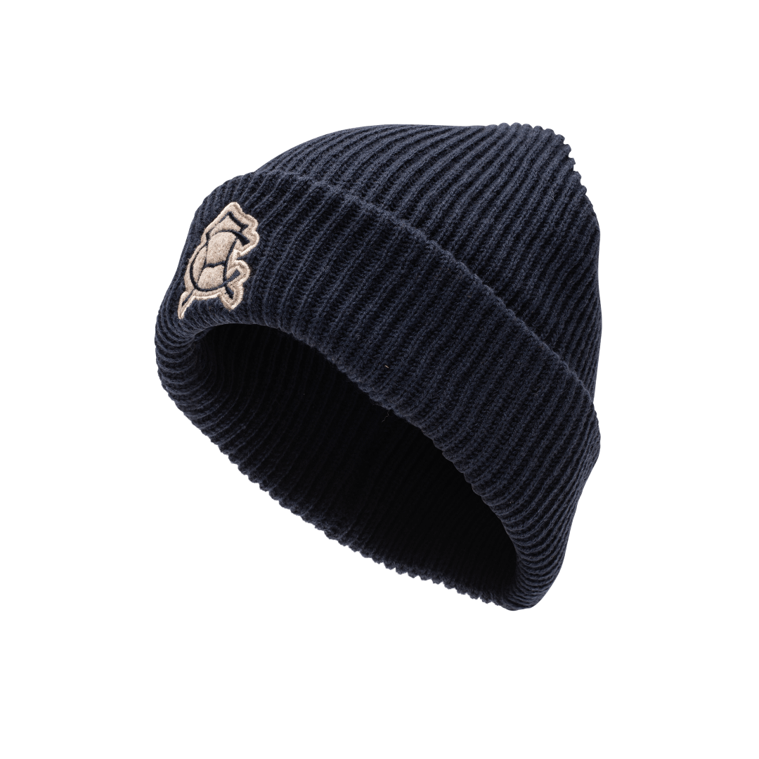 Club America Ivy Beanie in thick, wool blend knit, front embroidered wool backed applique patch with merrowed edges, in navy.