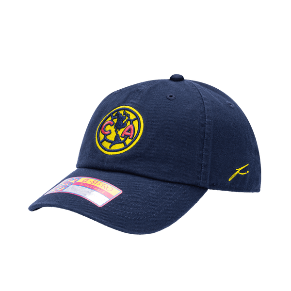 View of Left side of blue Club America Bambo Classic Hat with yellow Fi stitching