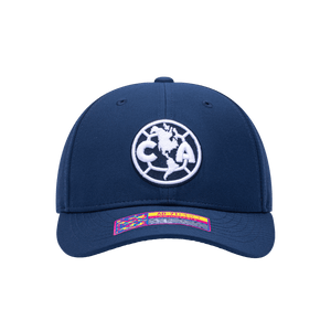Front view of the Club America Hit Adjustable hat with mid constructured crown, curved peak brim, and slider buckle closure, in Navy.