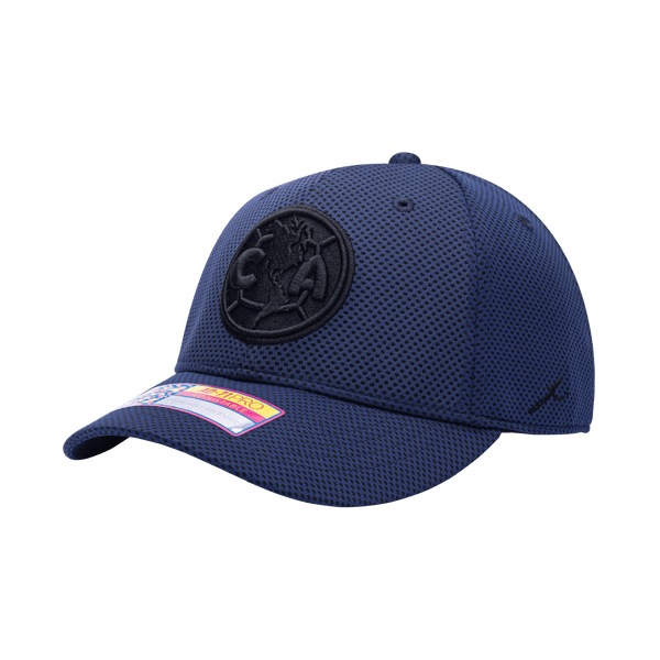 Side view of the Club America Trophy Adjustable hat with mid constructured crown, curved peak brim, and slider buckle closure, in Navy.