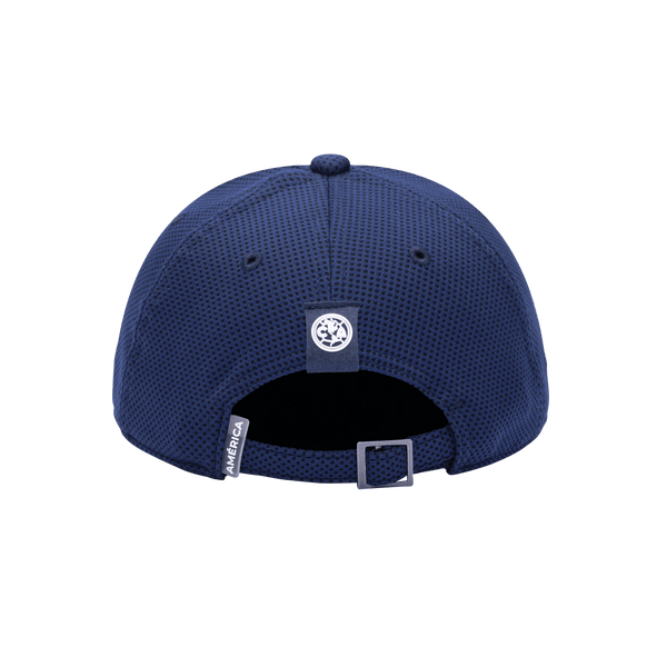 Back view of the Club America Trophy Adjustable hat with mid constructured crown, curved peak brim, and slider buckle closure, in Navy.