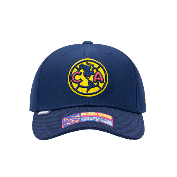 Front view of the Club America Trigger Adjustable hat with mid constructured crown, curved peak brim, and slider buckle closure, in Navy.